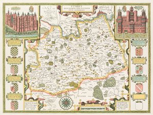 Mapa de Surrey, gravado por Jodocus Hondius (1563-1612) do teatro da velocidade de John do império de Grâ Bretanha, bar. por John Sudbury e George Humble, 1611-12 (gravura em cobre colorida à mão)
